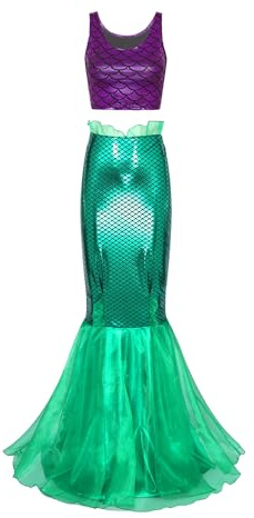 Alvivi Femme Ensemble Déguisement Sirène Haut Jupe Queue Sirène à Paillettes Soirée Cocktail Jeu De Rôle Costume Halloween Carnaval S-2XL Violet Vert XL