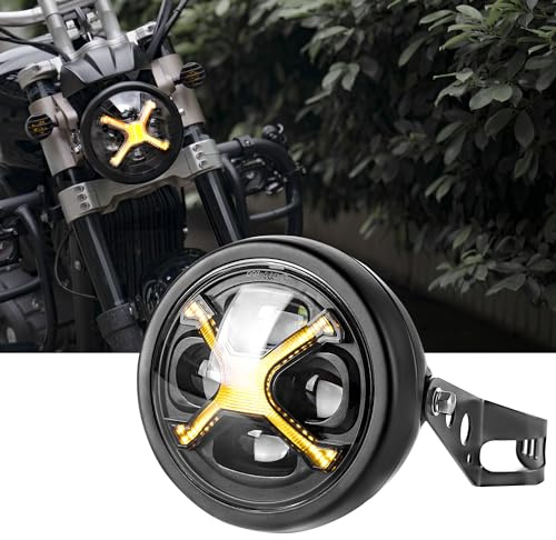 5-3/4 5.75 Inch LED Motorcycle Headlight Assembly with Amber DRL Hi/Lo Beam for Harley Davidson Sportster Dyna Street Bob Low Rider Super Wide Glide 1200 48 Softail Fits 32-40mm Fork Tube