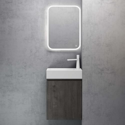 doporro Badmöbel Set Unterschrank 46 cm Grau-braun Waschbecken LED-Spiegel | Wandhängendes Badmöbel-Set mit Mineralguss-Waschbecken, LED-Spiegel – platzsparend & pflegeleicht für Gäste-WC Pisa 02