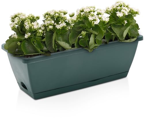 DKIEI 5 Pcs Large Flower Planter Outdoor Plastic Vegetable Plant Pot With Drainage Holes & Tray, Rectangle Trough Planters For Succulent & Herbs, Window Long Pots For Garden (Green 49.5*19*15.7Cm)