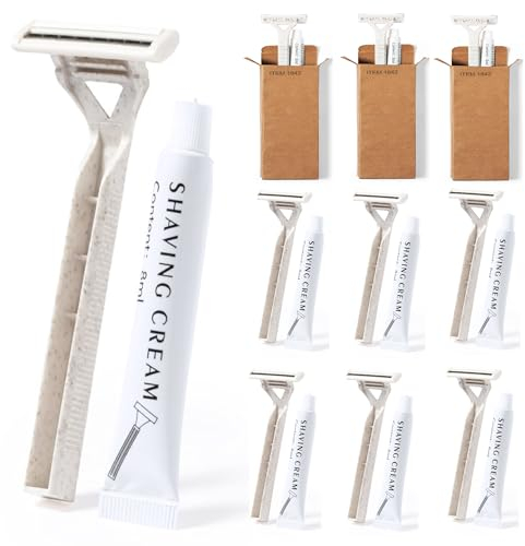 10 Stück Einweg Rasierer Set nachhaltig aus Weizenstroh inkl. Rasiercreme Einmalrasierer Nassrasierer zwei Klingen im Karton für Hotels Pensionen Arztpraxis