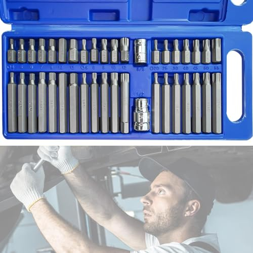 QZQUFJ 40 Pièces Outillage Douille a Choc, Embouts de Vissage, Tournevis a Frapper, des Clés Hexagonales et des Clés Cannelées, Embout Torx, 1/2 In 3/8 In Drive, Réparation de Voitures