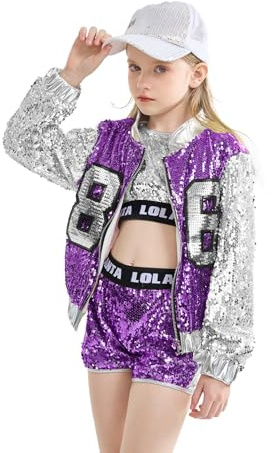 LOLANTA 4 Piezas de niñas Hip Hop Dance Costume Kids Lentejuelas Jazz Dance Clothes Set Calcetines adjuntos, Morado, 10-11 años, 150