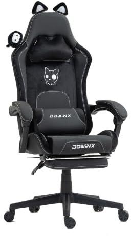 Dowinx Gaming Stuhl,Gamer Chair,PU Leder Sessel mit Katzenohren und Katze - Dekoration,Ergonomischer Gamingstuhl,150KG Tragkraft PC Stuhl,Verstellbar Fußstütze Armlehnen Rückenlehne,Katze - Schwarz | PU-Leder, 150 kg Tragkraft, verstellbare Fußstütze, Armlehnen und Rückenlehne