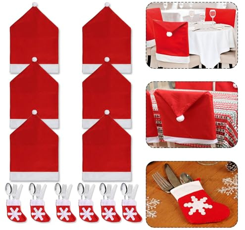 Weihnachten Stuhlhussen 6er Set,Weihnachts Stuhlhussen Weihnachtsdeko | Stuhlhussen Weihnachten,Stuhlbezug Rot,Universal Stuhlhusse mit Bestecktasche,Weihnachten Tischdeko,Weihnachts Deko