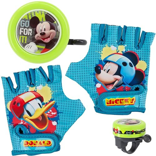 alles-meine.de GmbH 3 TLG. Set: Fahrradklingel + Fahrradhandschuhe - Mickey Maus - Ding Dong - 2 Klang - stabiles Metall - UNIVERSAL Klingel für das Fahrrad/Jungen Mädchen - kl..