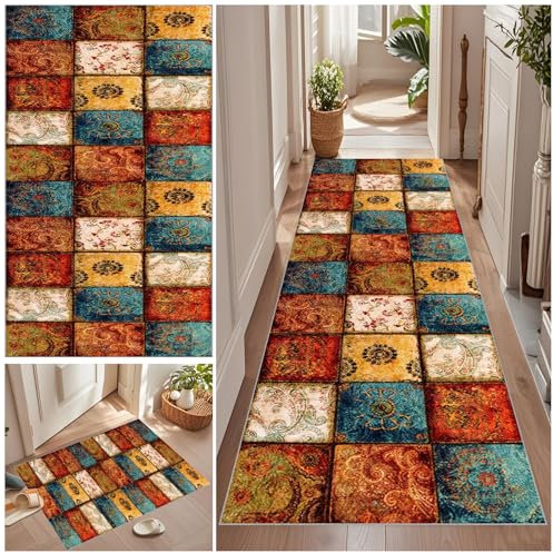 Teppich Läufer 50 x 260 cm Rutschfest Küchenteppich Teppichläufer Flur Vintage Küchenteppich Waschbar Rutschfest Fußmatte Lang Flur Teppich Meterware für Garten Küche Patio Flur Porch auf Maß