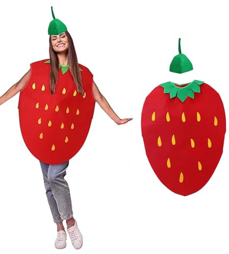 IGEAIIE Disfraz de fresa para adultos, divertido traje de cosplay de frutas con tocado, disfraz de tela no tejida para Halloween, fiestas temáticas, juegos de rol y eventos divertidos