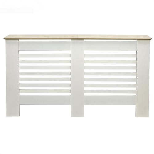 OHS Large Cream Radiator Cover with Oak Look Top, Stylish Slatted Design Frame Top Shelf Wooden Radiator Cover MDF for Living Room Bedroom Hallway