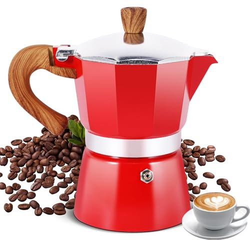 AOZBZ Stovetop Coffee Maker 150ml/3 Cups, Aluminium Moka Pot Italian Espresso Maker with Heat-Resistant Handle, Red