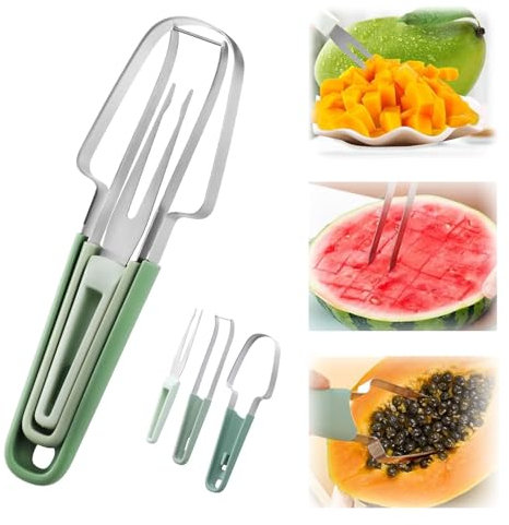 3 En 1 Acero Inoxidable Melón Cuber Cuchillo, Cortador De Sandía De Acero Inoxidable, Sandia Tres En Uno, Juego De Cortador De Frutas Para Ensaladas De Diy