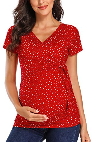 Damen Stillshirt Kurzarm V-Neck Umstandsshirt mit Stillfunktion, Soft Nursing Top für Schwangere (DE/NL/SE/PL, Alphanumerisch, L, Regular, Regular, Rot Dot)