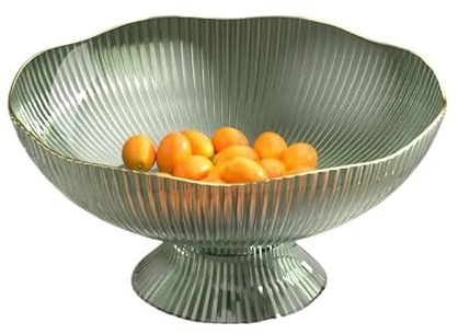 GEN:ZAI Elegant Fruit Bowl – Green & Clear Ribbed Serving Bowl with Gold Rim – Stylish Decorative Centrepiece for Dining Table, Kitchen, and Home Décor (Green)