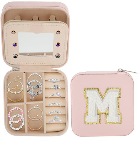 CAPASTEC Smyckeslåda, smyckesförvaring med spegel, bokstav M resesmyckeslåda, smyckesorganisatorer för halsband, örhängen, ring, rosa