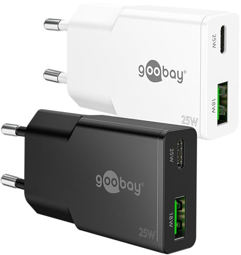 goobay USB-C™ PD GaN - Caricatore doppio rapido Nano 35 W, bianco, alimentatore a 2 porte, caricatore compatto per cellulare, tablet, fotocamera, Power Delivery, adattatore da viaggio, 75334