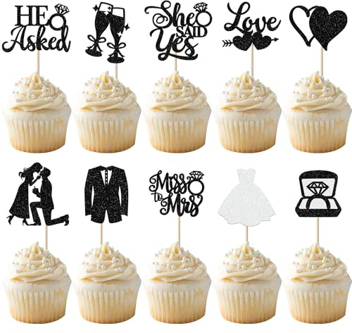 30 Stück Miss to Mrs Cupcake Toppers Glitzer Diamant Ring Kuchen Deko He Ask She Said Yes Tortendeko für Verlobung Hochzeiten Thema Party Kuchen Dekorationen Schwarz