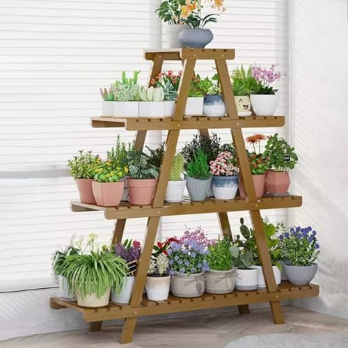 Scaffale per piante in legno a 4 livelli, supporto per vasi da fiori multifunzione e scaletta per uso interno/esterno, ideale per soggiorno, balcone e angolo (marrone)