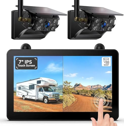 Solar Powered Wireless Reversing Camera Kit, 7 1080P Touchscreen Monitor, 1 Min Installation, 12000mAh Rechargeable Battery, DVR Recording, IP69K Waterproof Rear View Camera for Car Van Motorhome
