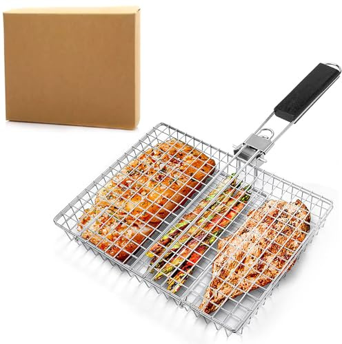 Heavy Duty Stainless Steel Grill Basket for Camping & BBQ – Foldable, Portable Grilling Grate with Detachable Handle, Non-Stick Mesh for Fish, Vegetables, Shrimp, Steak & Burgers, Boxed