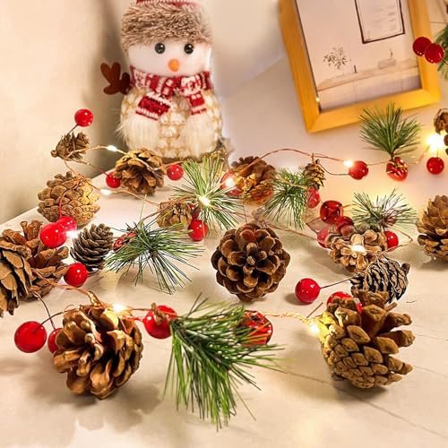 EHIOG Decorated Christmas String Lights - 2m Metal Wire Garland, 20 LED Warm White String Lights with Pine Cones Red Berries Pine Needles & Bells for for Christmas Indoor Party Home Table Decorations