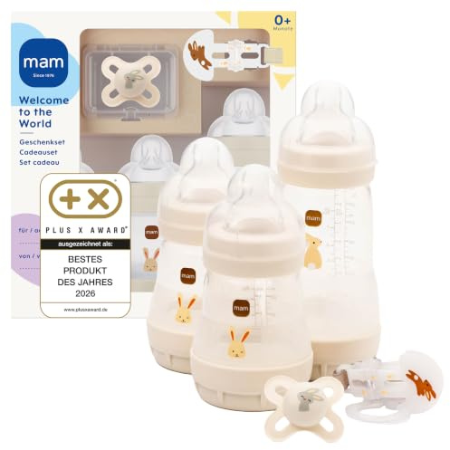 MAM Easy Start Anti-Colic Welcome Set | 0+ Mon | Baby Erstausstattung mit 3 Anti-Colic Babyflaschen Schnuller und Schnullerband | hochwertiges Baby Geschenk Set | beige