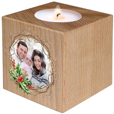 True Statements Teelichthalter aus Holz „Weihnachts-Kranz mit Bild“ personalisiert – Kerzenhalter mit eigenem Foto Bedrucken - Geschenk zu Weihnachten - Weihnachtsdeko - Holzwürfel 7x7x7 cm