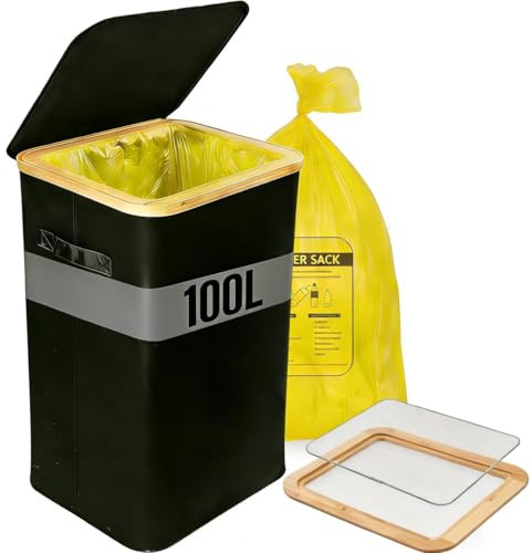 Tarent Gelber Sack Ständer 100L mit Deckel | Neu Gestaltete Mülleimer Küche mit Edelstahlring | Robust, Langlebig und Geruchsabweisend Müllsackständer