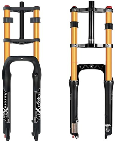 FKXSXAZ Horquilla de suspensión 26 x 4, Delantera con neumáticos de 26 y 4, Recorrido de 190 mm, Freno de Disco con Ajuste de Rebote, 9 x 135 mm, Color Dorado/Negro