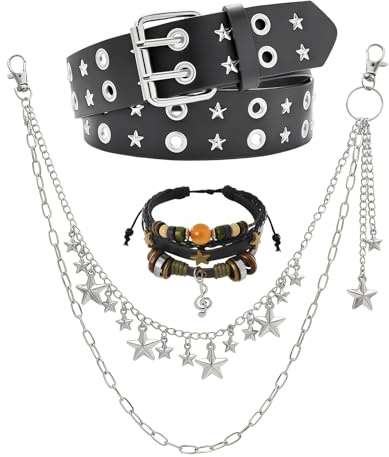 Tastetreasure 3-tlg. Y2K Grunge Zubehör Set, Punk Emo Kunstleder Nietengürtel, Stern Anhänger Geschichtete Hosenkette & Mehrlagiges Perlenarmband für Damen Herren Goth Alt Style
