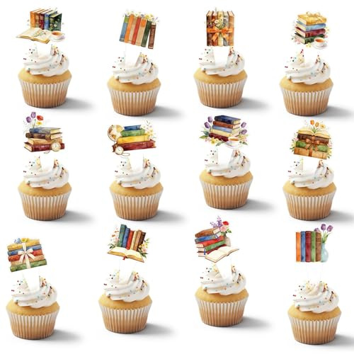 48Pcs Book-Themed Cake Cupcake Toppers, Vintage Book Themed Cake Toothpicks Party Decorations Supplies for Baby Shower, Beautifully Designed Cupcake Decorations Supplies for Library