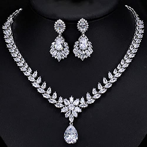 Smycken Elegant Tear Drop Bröllopssmycken Cubic Zirconia Bröllopsfest Stor Blomma Hänge Halsband Örhängen Set för brudar