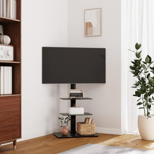 TV-Eckregal, drehbar, 25 Grad, 3 Ebenen, für Fernseher von 32-65 Zoll, kompakte TV-Halterung mit Regalen und Kabelmanagement, kompatibel mit VESA 200 x 200 bis 600 x 400 mm, Schwarz