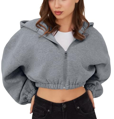 Huvtröja med dragkedja cropped tröja, sweatjacka dam med huva | Sweatshirt långärmad, jacka damer höst kort kappa fritidsjacka enfärgad casual övergångsjacka magfri huvjacka