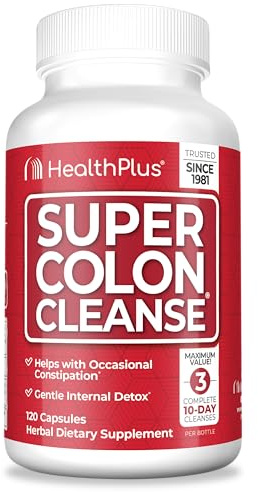 Health Plus Super Colon Cleanse 30 Day Supply of Gentle Gut Cleanse Detox, Psyllium Husk, Probiotics for Constipation Relief & Digestive Support, 120 Capsules