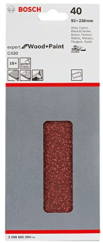 Bosch Accessories Feuille Abrasif pour Ponceuses Orbitales, 8 Trous, 40 Grain, 93mm x 230mm, Lot de 10