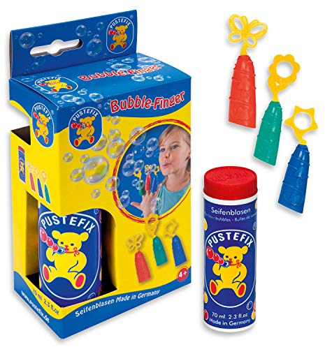 PUSTEFIX 3 Bubble-Finger I 70 ml Seifenblasenwasser I Bunte Bubbles Made in Germany I Seifenblasen Spielzeug für Kindergeburtstag, Sommerfete & Hochzeit I 3 Fingeraufsätze für Kinder & Erwachsene