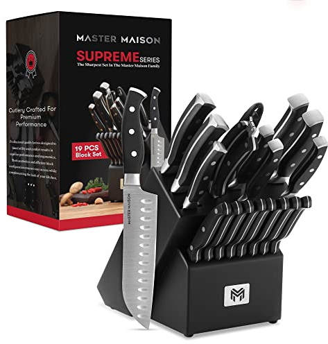 19-Piece Kitchen Knife Set with Wooden Knife Block - German Stainless Steel Knife Set for Kitchen with Block, Paring, Chefs, Santoku, Carving, Utility & 8 Steak Knives - Knife Sharpener & Shears