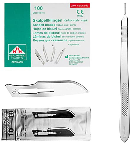 May Set: 100 Skalpellklingen Fig. 10 & Skalpellhalter 21 cm | 100x sterile Einwegklingen Fig. 10 aus Karbonstahl inkl. Edelstahl-Halter Fig. 3 (21 cm)