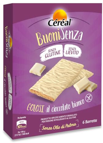 Céréal Buoni Senza, Golosi al Cioccolato Bianco, Snack senza Glutine, Biscotti Ricoperti di Cioccolato senza Lievito, 101 calorie per barretta, 120 gr, 6 barrette