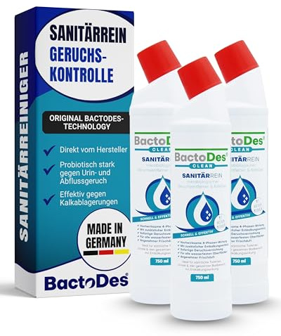 BactoDes SanitärRein Reiniger 3 x 750ml I 2in1 Reinigung & Geruchsentfernung mit Mikroorganismen I Porentiefe Kalk- & Urinrückstandsbeseitigung mit gelartiger Konsistenz I Pur oder verdünnt anwendbar