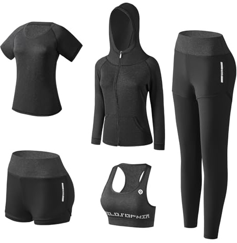 BOTRE Completo Sportivo Donna Tuta da Ginnastica 5 Pezzi Set di Abbigliamento Sportivo Tuta da Jogging Fitness Palestra Training Casual (S, Nero)
