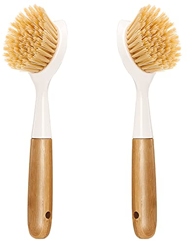 2 Pack Kitchen Dish Brush Bamboo Handle Dish Scrubber Built-in Scraper, Scrub Brush for Pans, Pots, Kitchen Sink Cleaning, Dishwashing and Cleaning Brushes are Perfect Cleaning Tools, White