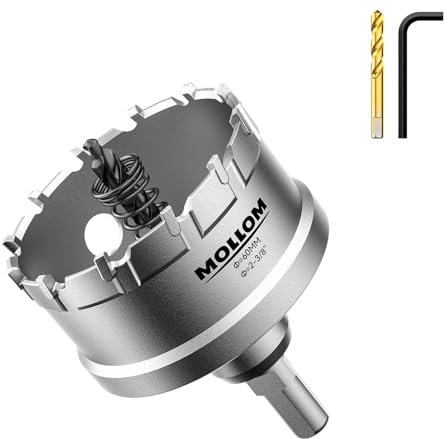 Mollom 2-3/8 (60mm) kraftfull karbidhålskär med 2 styrborrar | Industriella hålskär för skärning av rostfritt stål, konstruktionsstål, järn, koppar, mässing och plast
