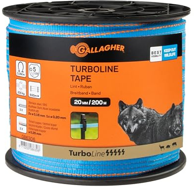 200 m/20 mm Gallagher Weidezaunband TurboLine (blau) - Elektrozaun-Breitband - Geeignet für Pferde, Rinder, Wildschweine, Wölfe - Reißfestigkeit: kg - UV-stabil und lange Lebensdauer - Ausgezeichnete