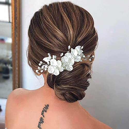 Prosy Fermaglio per capelli da sposa con fiori color argento, con perle, strass, per donne e ragazze