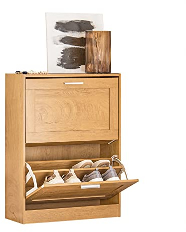 SoBuy Meuble à Chaussures Armoire à Chaussures Commode à Chaussures Meuble d'entrée, Meuble de Rangement à Chaussures avec 2 Abattants pour Entrée Couloir – 60x23x79 cm, Bois Clair, FSR137-N
