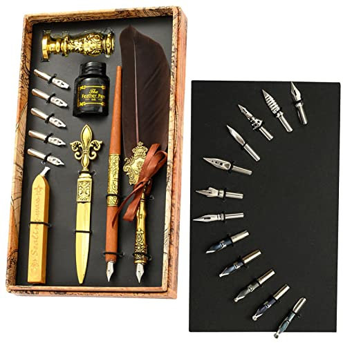 Feder Kalligraphie Stift Tinte Set - Quill Pen Set Antik Kalligraphie Dip Pen mit Tinte, Quill Pen Set beinhaltet Feder Dip Pen, Tinte, Ersatzspitzen, Wachssiegel