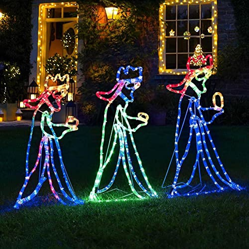 Luces de Silueta de Navidad LED con Espumillón, Diseño de Tres Reyes Magos, Iluminación y Guirnalda al Aire Libre