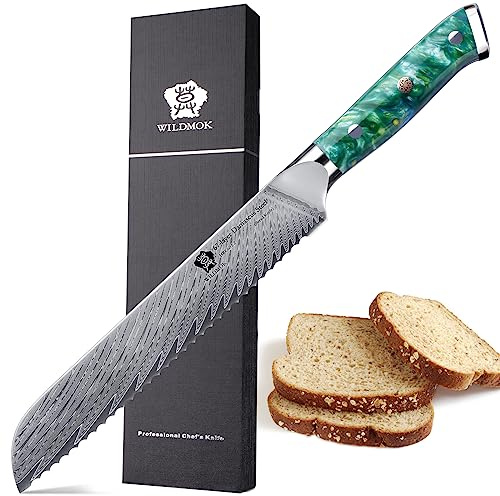 WILDMOK Brotmesser mit Wellenschliff, 20cm, robuster und langlebiger Harzgriff, Brotmesser aus 67 Schichten japanischem VG10-Stahl, Brotschneidemesser für Brot, Kuchen, Bagels