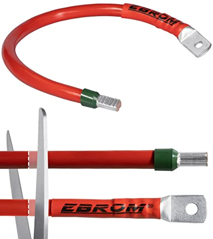 EBROM Cavo batteria Plus 25 mm² rosso, già confezionato + tubo termoretraibile da 30 cm a 10 metri, molte lunghezze disponibili + occhielli/capicorda M6/M8/M10/M12 + manicotto terminale opposto